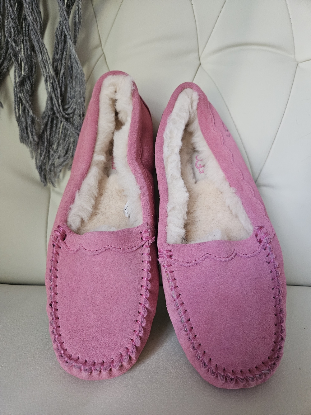 UGG Pink Suede Shearling-Lined Moccasin Slippers